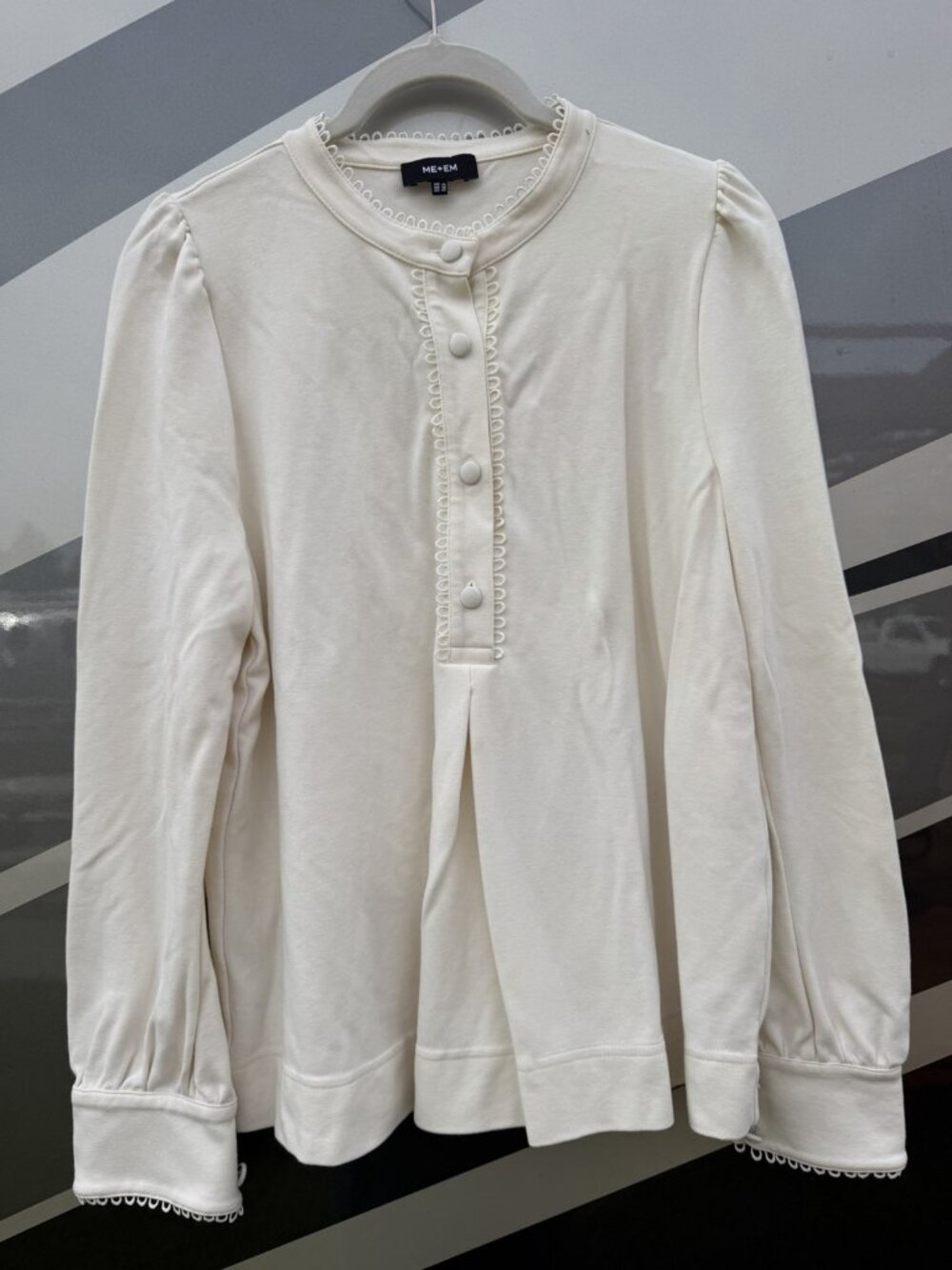 ME+EM cream puff sleeve scalloped classic academia blouse pleated 10 stretch